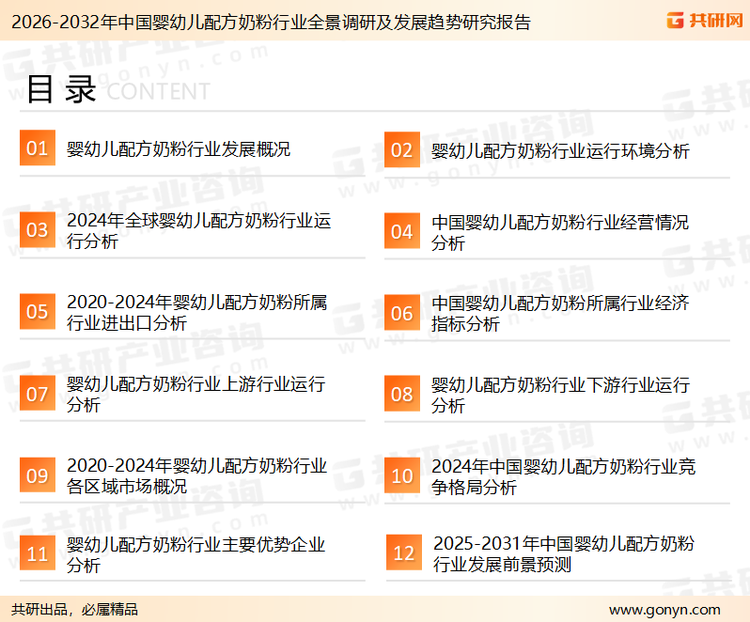 为确保婴幼儿配方奶粉行业数据精准性以及内容的可参考价值，共研产业研究院团队通过上市公司年报、厂家调研、经销商座谈、专家验证等多渠道开展数据采集工作，并运用共研自主建立的产业分析模型，结合市场、行业和厂商进行深度剖析，能够反映当前市场现状、热点、动态及未来趋势，使从业者能够从多种维度、多个侧面综合了解当前婴幼儿配方奶粉行业的发展态势。