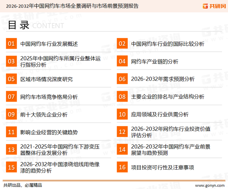 为确保网约车行业数据精准性以及内容的可参考价值，共研产业研究院团队通过上市公司年报、厂家调研、经销商座谈、专家验证等多渠道开展数据采集工作，并运用共研自主建立的产业分析模型，结合市场、行业和厂商进行深度剖析，能够反映当前市场现状、热点、动态及未来趋势，使从业者能够从多种维度、多个侧面综合了解当前网约车行业的发展态势。