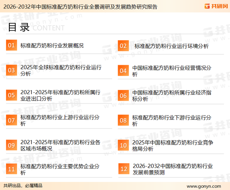 为确保标准配方奶粉行业数据精准性以及内容的可参考价值，共研产业研究院团队通过上市公司年报、厂家调研、经销商座谈、专家验证等多渠道开展数据采集工作，并运用共研自主建立的产业分析模型，结合市场、行业和厂商进行深度剖析，能够反映当前市场现状、热点、动态及未来趋势，使从业者能够从多种维度、多个侧面综合了解当前标准配方奶粉行业的发展态势。