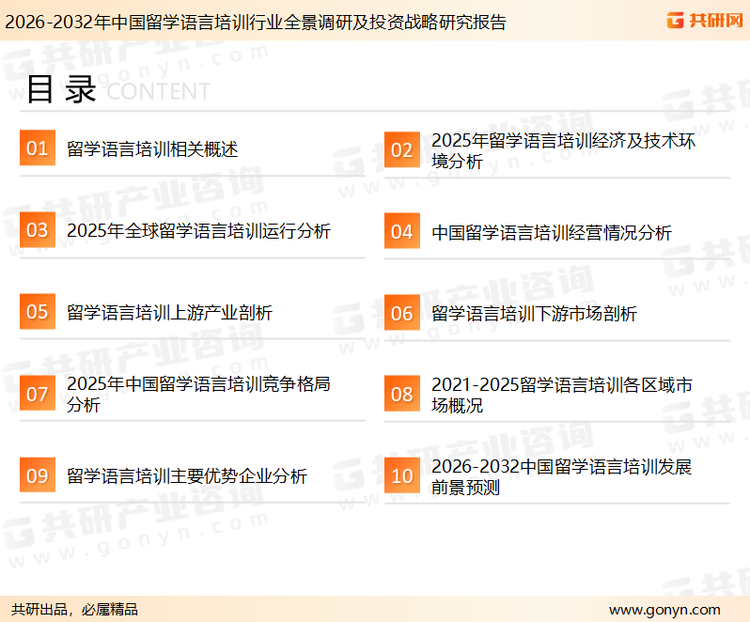 为确保留学语言培训行业数据精准性以及内容的可参考价值，共研产业研究院团队通过上市公司年报、厂家调研、经销商座谈、专家验证等多渠道开展数据采集工作，并运用共研自主建立的产业分析模型，结合市场、行业和厂商进行深度剖析，能够反映当前市场现状、热点、动态及未来趋势，使从业者能够从多种维度、多个侧面综合了解当前留学语言培训行业的发展态势。