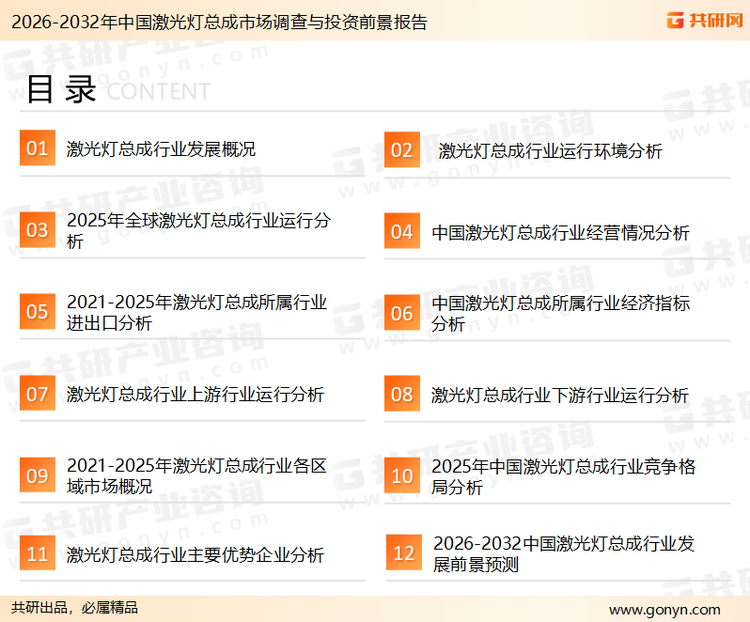 为确保激光灯总成行业数据精准性以及内容的可参考价值，共研产业研究院团队通过上市公司年报、厂家调研、经销商座谈、专家验证等多渠道开展数据采集工作，并运用共研自主建立的产业分析模型，结合市场、行业和厂商进行深度剖析，能够反映当前市场现状、热点、动态及未来趋势，使从业者能够从多种维度、多个侧面综合了解当前激光灯总成行业的发展态势。