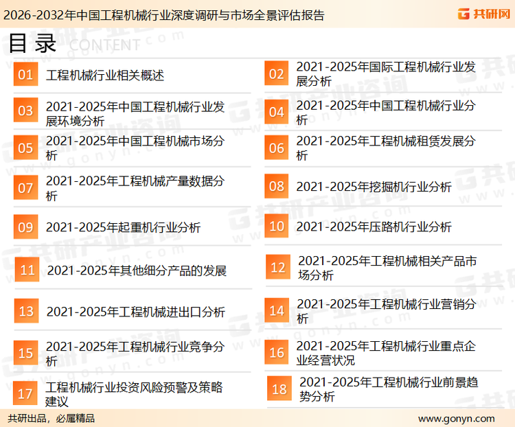 为确保工程机械行业数据精准性以及内容的可参考价值，共研产业研究院团队通过上市公司年报、厂家调研、经销商座谈、专家验证等多渠道开展数据采集工作，并运用共研自主建立的产业分析模型，结合市场、行业和厂商进行深度剖析，能够反映当前市场现状、热点、动态及未来趋势，使从业者能够从多种维度、多个侧面综合了解当前工程机械行业的发展态势。