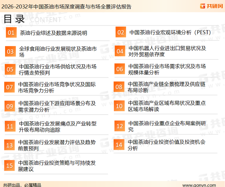 为确保茶油行业数据精准性以及内容的可参考价值，共研产业研究院团队通过上市公司年报、厂家调研、经销商座谈、专家验证等多渠道开展数据采集工作，并运用共研自主建立的产业分析模型，结合市场、行业和厂商进行深度剖析，能够反映当前市场现状、热点、动态及未来趋势，使从业者能够从多种维度、多个侧面综合了解当前茶油行业的发展态势。