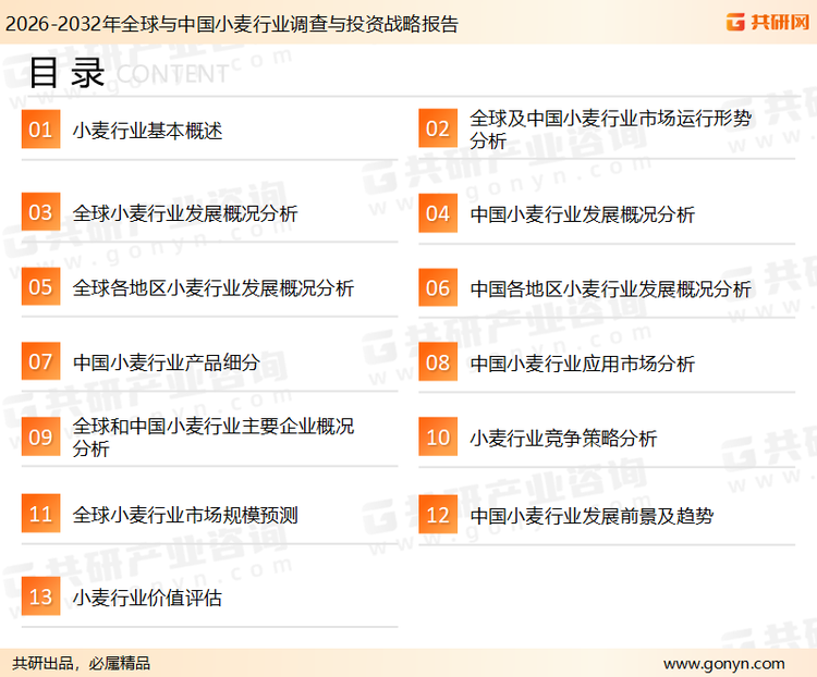 为确保小麦行业数据精准性以及内容的可参考价值，共研产业研究院团队通过上市公司年报、厂家调研、经销商座谈、专家验证等多渠道开展数据采集工作，并运用共研自主建立的产业分析模型，结合市场、行业和厂商进行深度剖析，能够反映当前市场现状、热点、动态及未来趋势，使从业者能够从多种维度、多个侧面综合了解当前小麦行业的发展态势。