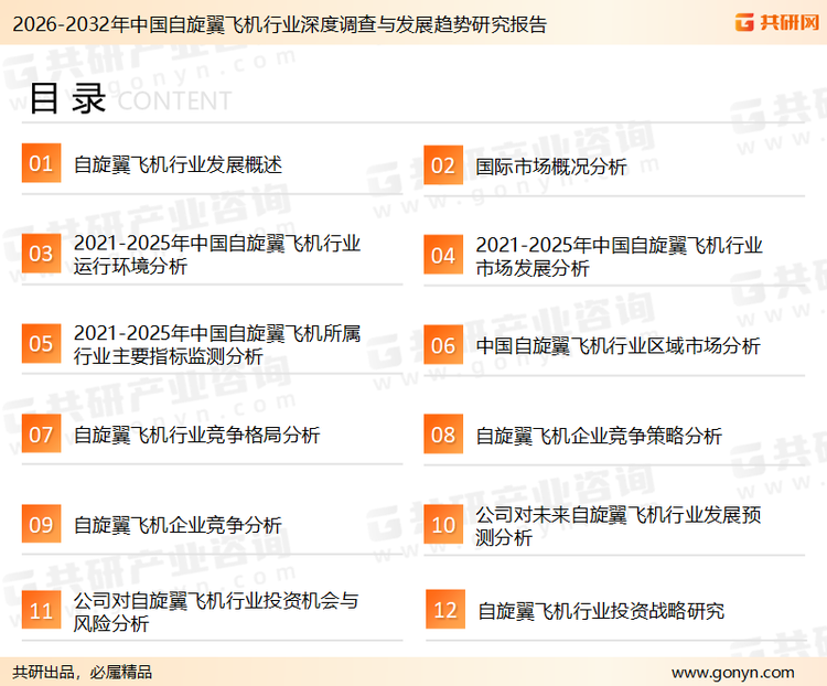 为确保自旋翼飞机行业数据精准性以及内容的可参考价值，共研产业研究院团队通过上市公司年报、厂家调研、经销商座谈、专家验证等多渠道开展数据采集工作，并运用共研自主建立的产业分析模型，结合市场、行业和厂商进行深度剖析，能够反映当前市场现状、热点、动态及未来趋势，使从业者能够从多种维度、多个侧面综合了解当前自旋翼飞机行业的发展态势。