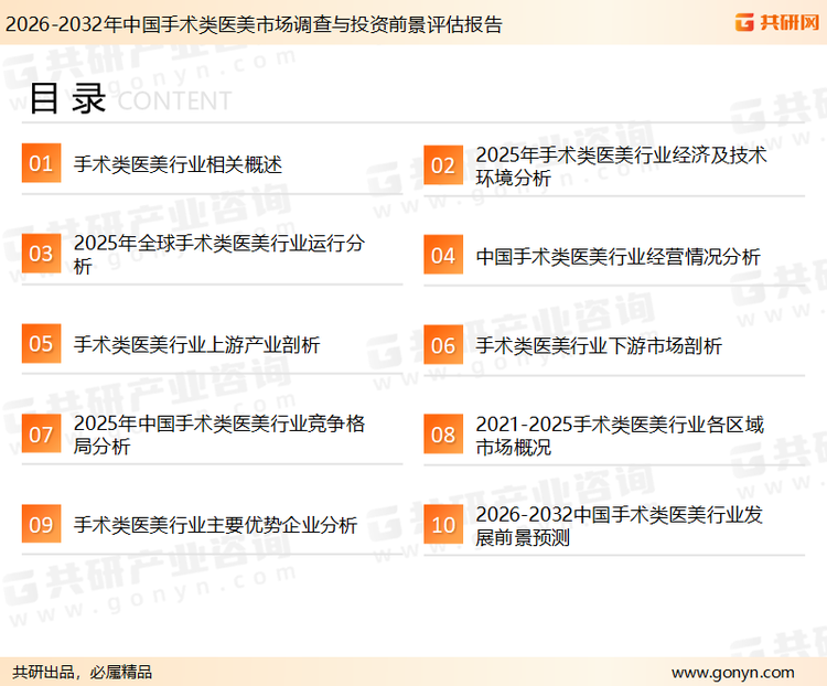 为确保手术类医美行业数据精准性以及内容的可参考价值，共研产业研究院团队通过上市公司年报、厂家调研、经销商座谈、专家验证等多渠道开展数据采集工作，并运用共研自主建立的产业分析模型，结合市场、行业和厂商进行深度剖析，能够反映当前市场现状、热点、动态及未来趋势，使从业者能够从多种维度、多个侧面综合了解当前手术类医美行业的发展态势。