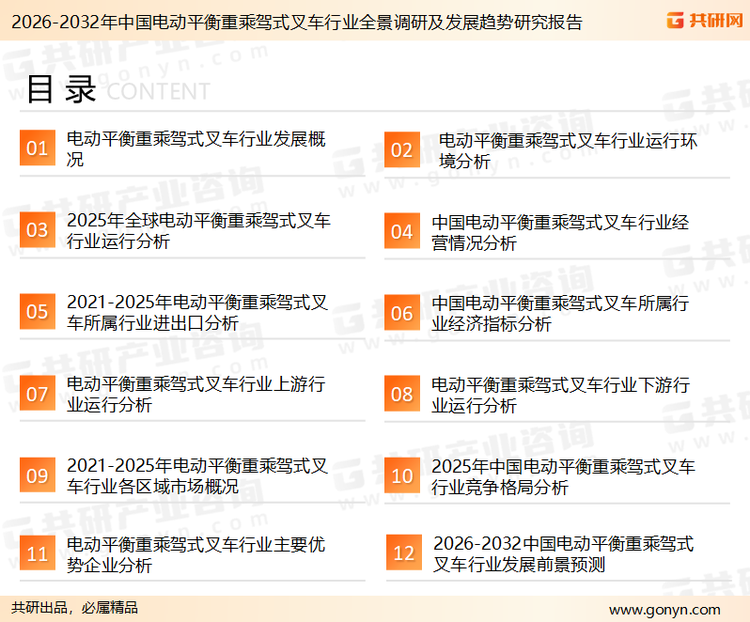 为确保电动平衡重乘驾式叉车行业数据精准性以及内容的可参考价值，共研产业研究院团队通过上市公司年报、厂家调研、经销商座谈、专家验证等多渠道开展数据采集工作，并运用共研自主建立的产业分析模型，结合市场、行业和厂商进行深度剖析，能够反映当前市场现状、热点、动态及未来趋势，使从业者能够从多种维度、多个侧面综合了解当前电动平衡重乘驾式叉车行业的发展态势。