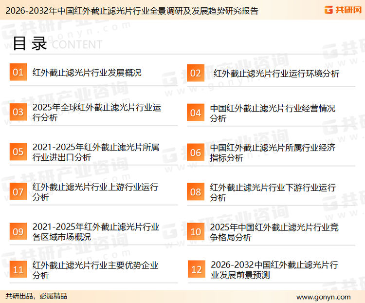 为确保红外截止滤光片行业数据精准性以及内容的可参考价值，共研产业研究院团队通过上市公司年报、厂家调研、经销商座谈、专家验证等多渠道开展数据采集工作，并运用共研自主建立的产业分析模型，结合市场、行业和厂商进行深度剖析，能够反映当前市场现状、热点、动态及未来趋势，使从业者能够从多种维度、多个侧面综合了解当前红外截止滤光片行业的发展态势。