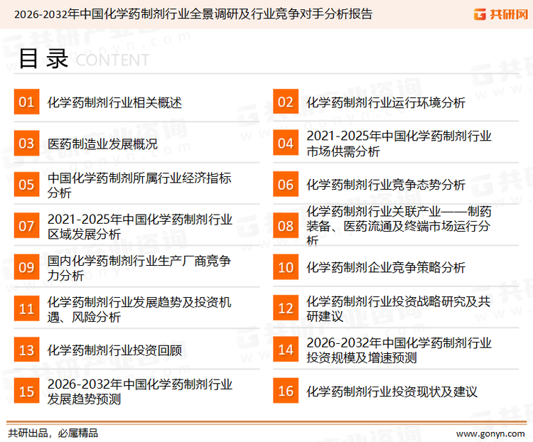 为确保化学药制剂行业数据精准性以及内容的可参考价值，共研产业研究院团队通过上市公司年报、厂家调研、经销商座谈、专家验证等多渠道开展数据采集工作，并运用共研自主建立的产业分析模型，结合市场、行业和厂商进行深度剖析，能够反映当前市场现状、热点、动态及未来趋势，使从业者能够从多种维度、多个侧面综合了解当前化学药制剂行业的发展态势。