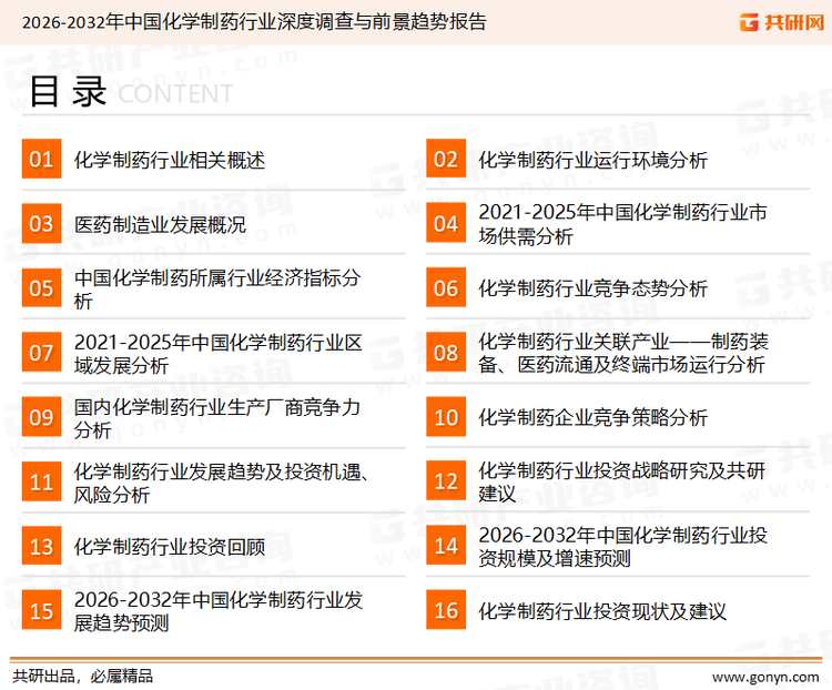 为确保化学制药行业数据精准性以及内容的可参考价值，共研产业研究院团队通过上市公司年报、厂家调研、经销商座谈、专家验证等多渠道开展数据采集工作，并运用共研自主建立的产业分析模型，结合市场、行业和厂商进行深度剖析，能够反映当前市场现状、热点、动态及未来趋势，使从业者能够从多种维度、多个侧面综合了解当前化学制药行业的发展态势。