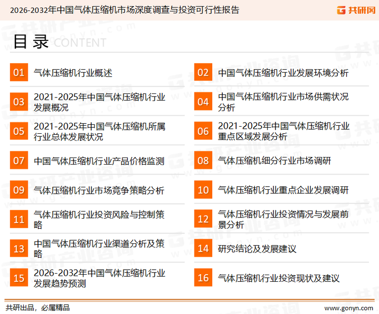 为确保气体压缩机行业数据精准性以及内容的可参考价值，共研产业研究院团队通过上市公司年报、厂家调研、经销商座谈、专家验证等多渠道开展数据采集工作，并运用共研自主建立的产业分析模型，结合市场、行业和厂商进行深度剖析，能够反映当前市场现状、热点、动态及未来趋势，使从业者能够从多种维度、多个侧面综合了解当前气体压缩机行业的发展态势。