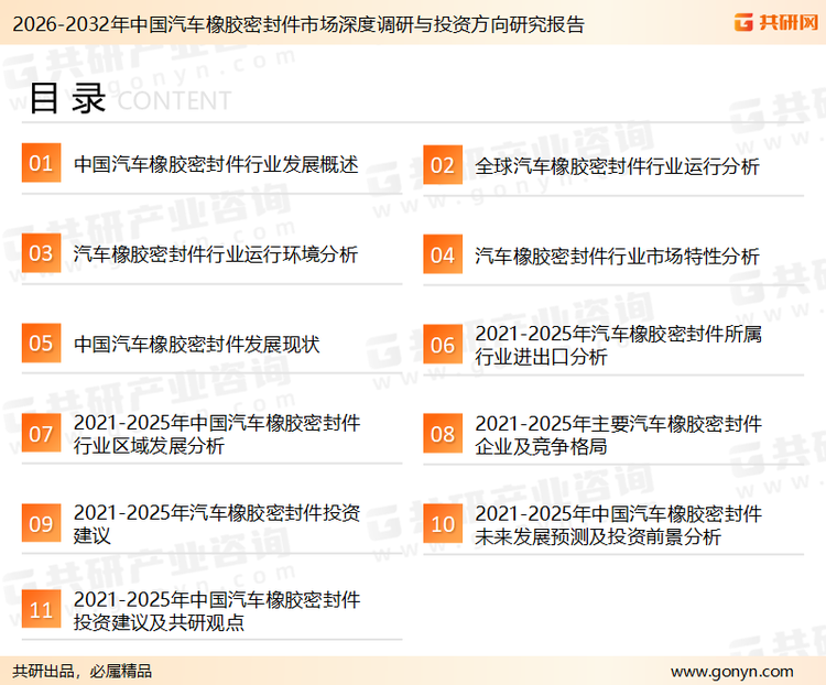 为确保汽车橡胶密封件行业数据精准性以及内容的可参考价值，共研产业研究院团队通过上市公司年报、厂家调研、经销商座谈、专家验证等多渠道开展数据采集工作，并运用共研自主建立的产业分析模型，结合市场、行业和厂商进行深度剖析，能够反映当前市场现状、热点、动态及未来趋势，使从业者能够从多种维度、多个侧面综合了解当前汽车橡胶密封件行业的发展态势。