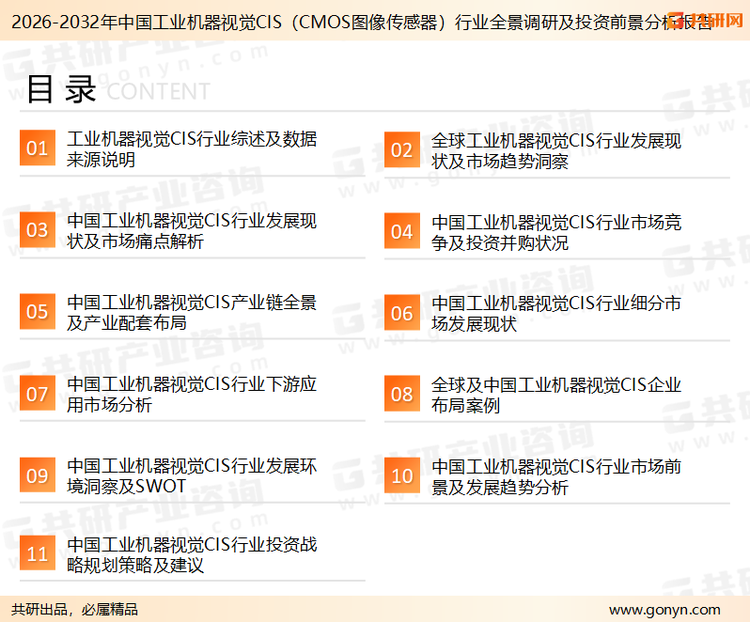 为确保工业机器视觉CIS（CMOS图像传感器）行业数据精准性以及内容的可参考价值，共研产业研究院团队通过上市公司年报、厂家调研、经销商座谈、专家验证等多渠道开展数据采集工作，并运用共研自主建立的产业分析模型，结合市场、行业和厂商进行深度剖析，能够反映当前市场现状、热点、动态及未来趋势，使从业者能够从多种维度、多个侧面综合了解当前工业机器视觉CIS（CMOS图像传感器）行业的发展态势。