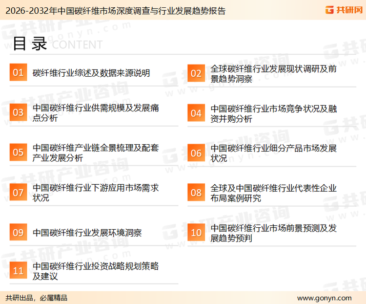 为确保碳纤维行业数据精准性以及内容的可参考价值，共研产业研究院团队通过上市公司年报、厂家调研、经销商座谈、专家验证等多渠道开展数据采集工作，并运用共研自主建立的产业分析模型，结合市场、行业和厂商进行深度剖析，能够反映当前市场现状、热点、动态及未来趋势，使从业者能够从多种维度、多个侧面综合了解当前碳纤维行业的发展态势。