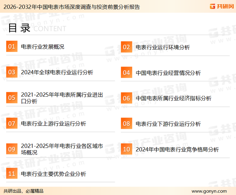 为确保电表行业数据精准性以及内容的可参考价值，共研产业研究院团队通过上市公司年报、厂家调研、经销商座谈、专家验证等多渠道开展数据采集工作，并运用共研自主建立的产业分析模型，结合市场、行业和厂商进行深度剖析，能够反映当前市场现状、热点、动态及未来趋势，使从业者能够从多种维度、多个侧面综合了解当前电表行业的发展态势。