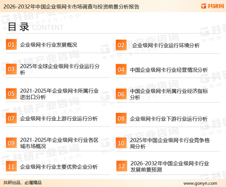 为确保企业级网卡行业数据精准性以及内容的可参考价值，共研产业研究院团队通过上市公司年报、厂家调研、经销商座谈、专家验证等多渠道开展数据采集工作，并运用共研自主建立的产业分析模型，结合市场、行业和厂商进行深度剖析，能够反映当前市场现状、热点、动态及未来趋势，使从业者能够从多种维度、多个侧面综合了解当前企业级网卡行业的发展态势。
