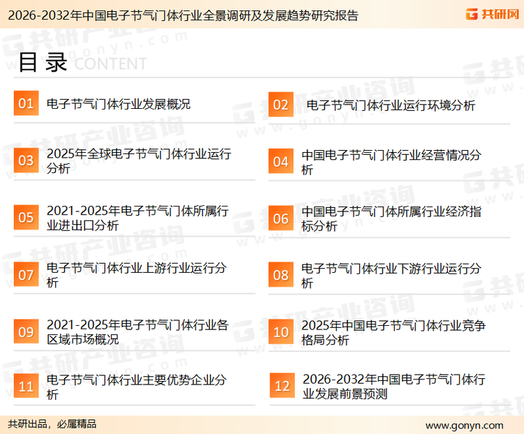 为确保电子节气门体行业数据精准性以及内容的可参考价值，共研产业研究院团队通过上市公司年报、厂家调研、经销商座谈、专家验证等多渠道开展数据采集工作，并运用共研自主建立的产业分析模型，结合市场、行业和厂商进行深度剖析，能够反映当前市场现状、热点、动态及未来趋势，使从业者能够从多种维度、多个侧面综合了解当前电子节气门体行业的发展态势。