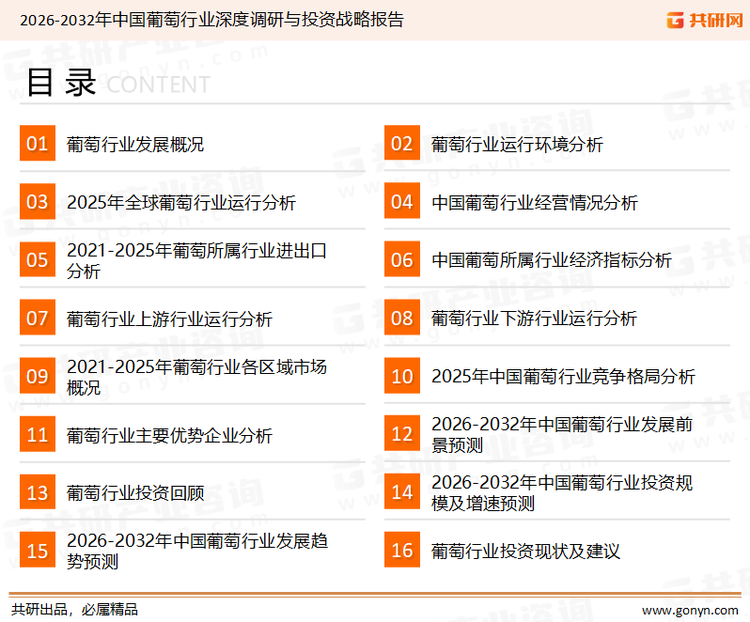 为确保葡萄行业数据精准性以及内容的可参考价值，共研产业研究院团队通过上市公司年报、厂家调研、经销商座谈、专家验证等多渠道开展数据采集工作，并运用共研自主建立的产业分析模型，结合市场、行业和厂商进行深度剖析，能够反映当前市场现状、热点、动态及未来趋势，使从业者能够从多种维度、多个侧面综合了解当前葡萄行业的发展态势。