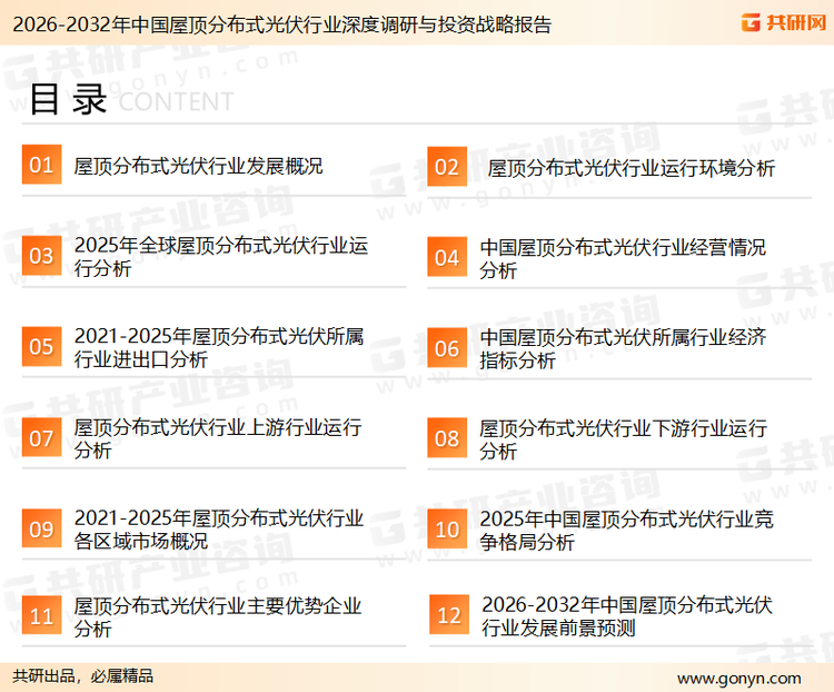 为确保屋顶分布式光伏行业数据精准性以及内容的可参考价值，共研产业研究院团队通过上市公司年报、厂家调研、经销商座谈、专家验证等多渠道开展数据采集工作，并运用共研自主建立的产业分析模型，结合市场、行业和厂商进行深度剖析，能够反映当前市场现状、热点、动态及未来趋势，使从业者能够从多种维度、多个侧面综合了解当前屋顶分布式光伏行业的发展态势。