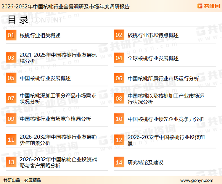为确保核桃行业数据精准性以及内容的可参考价值，共研产业研究院团队通过上市公司年报、厂家调研、经销商座谈、专家验证等多渠道开展数据采集工作，并运用共研自主建立的产业分析模型，结合市场、行业和厂商进行深度剖析，能够反映当前市场现状、热点、动态及未来趋势，使从业者能够从多种维度、多个侧面综合了解当前核桃行业的发展态势。