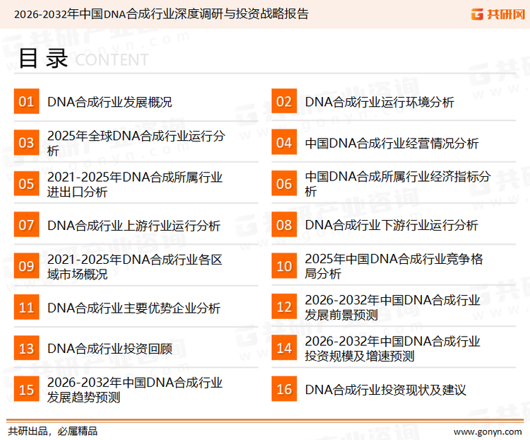 为确保DNA合成行业数据精准性以及内容的可参考价值，共研产业研究院团队通过上市公司年报、厂家调研、经销商座谈、专家验证等多渠道开展数据采集工作，并运用共研自主建立的产业分析模型，结合市场、行业和厂商进行深度剖析，能够反映当前市场现状、热点、动态及未来趋势，使从业者能够从多种维度、多个侧面综合了解当前DNA合成行业的发展态势。
