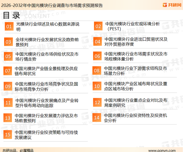 为确保光模块行业数据精准性以及内容的可参考价值，共研产业研究院团队通过上市公司年报、厂家调研、经销商座谈、专家验证等多渠道开展数据采集工作，并运用共研自主建立的产业分析模型，结合市场、行业和厂商进行深度剖析，能够反映当前市场现状、热点、动态及未来趋势，使从业者能够从多种维度、多个侧面综合了解当前光模块行业的发展态势。