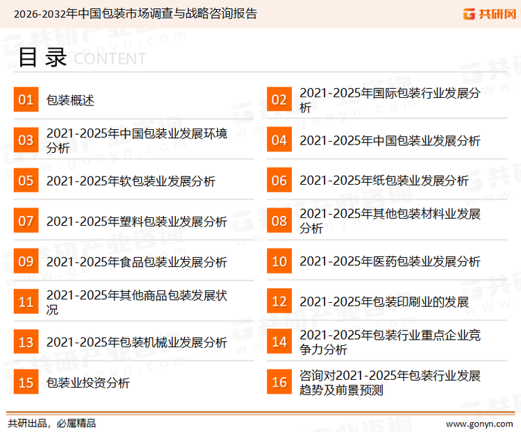 为确保包装行业数据精准性以及内容的可参考价值，共研产业研究院团队通过上市公司年报、厂家调研、经销商座谈、专家验证等多渠道开展数据采集工作，并运用共研自主建立的产业分析模型，结合市场、行业和厂商进行深度剖析，能够反映当前市场现状、热点、动态及未来趋势，使从业者能够从多种维度、多个侧面综合了解当前包装行业的发展态势。