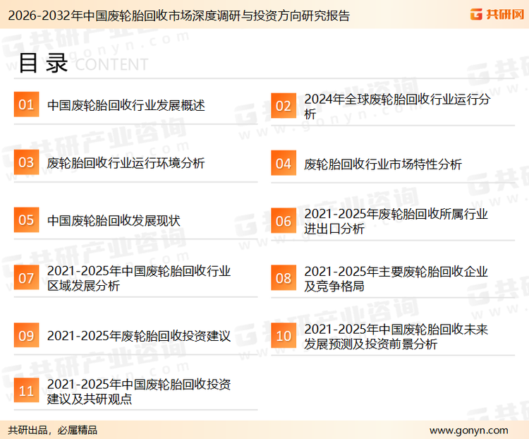 为确保废轮胎回收行业数据精准性以及内容的可参考价值，共研产业研究院团队通过上市公司年报、厂家调研、经销商座谈、专家验证等多渠道开展数据采集工作，并运用共研自主建立的产业分析模型，结合市场、行业和厂商进行深度剖析，能够反映当前市场现状、热点、动态及未来趋势，使从业者能够从多种维度、多个侧面综合了解当前废轮胎回收行业的发展态势。