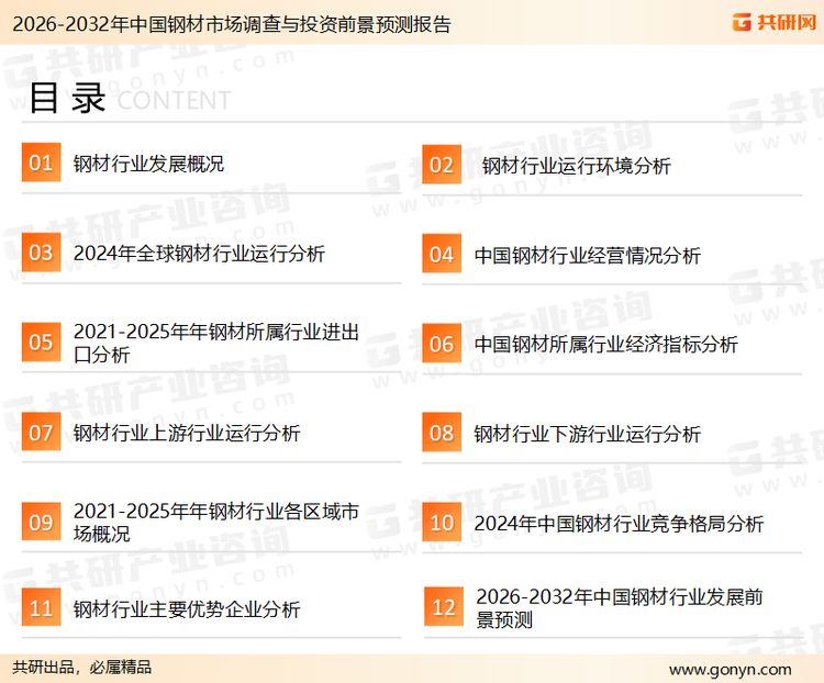 为确保钢材行业数据精准性以及内容的可参考价值，共研产业研究院团队通过上市公司年报、厂家调研、经销商座谈、专家验证等多渠道开展数据采集工作，并运用共研自主建立的产业分析模型，结合市场、行业和厂商进行深度剖析，能够反映当前市场现状、热点、动态及未来趋势，使从业者能够从多种维度、多个侧面综合了解当前钢材行业的发展态势。