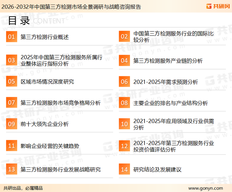为确保第三方检测行业数据精准性以及内容的可参考价值，共研产业研究院团队通过上市公司年报、厂家调研、经销商座谈、专家验证等多渠道开展数据采集工作，并运用共研自主建立的产业分析模型，结合市场、行业和厂商进行深度剖析，能够反映当前市场现状、热点、动态及未来趋势，使从业者能够从多种维度、多个侧面综合了解当前第三方检测行业的发展态势。