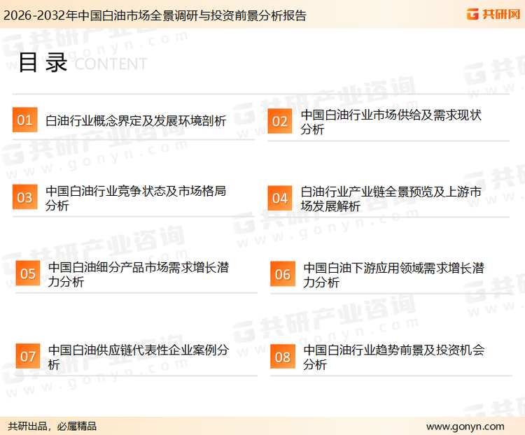 为确保白油行业数据精准性以及内容的可参考价值，共研产业研究院团队通过上市公司年报、厂家调研、经销商座谈、专家验证等多渠道开展数据采集工作，并运用共研自主建立的产业分析模型，结合市场、行业和厂商进行深度剖析，能够反映当前市场现状、热点、动态及未来趋势，使从业者能够从多种维度、多个侧面综合了解当前白油行业的发展态势。