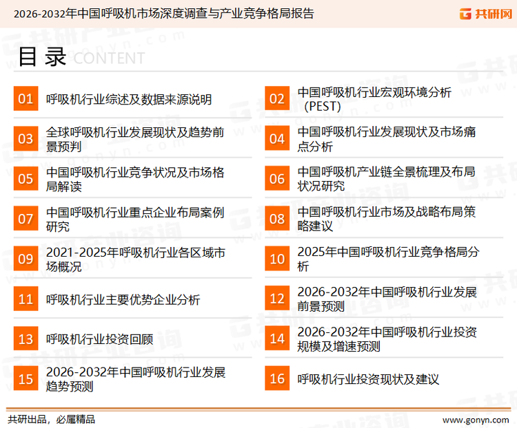 为确保呼吸机行业数据精准性以及内容的可参考价值，共研产业研究院团队通过上市公司年报、厂家调研、经销商座谈、专家验证等多渠道开展数据采集工作，并运用共研自主建立的产业分析模型，结合市场、行业和厂商进行深度剖析，能够反映当前市场现状、热点、动态及未来趋势，使从业者能够从多种维度、多个侧面综合了解当前呼吸机行业的发展态势。