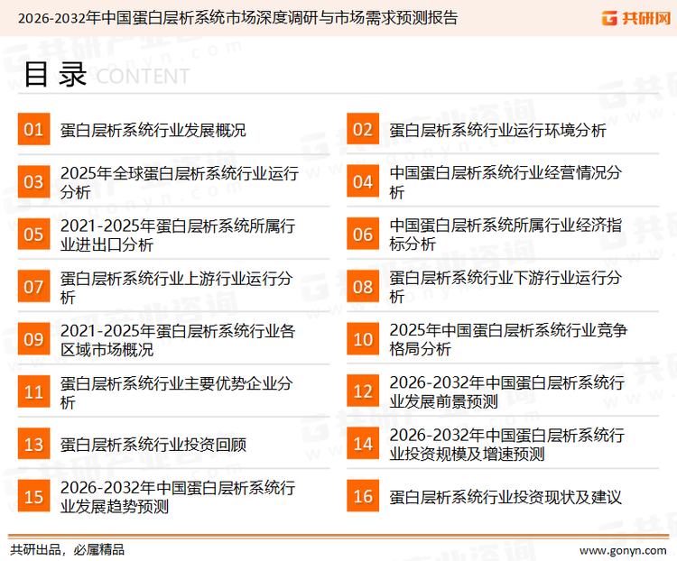 为确保蛋白层析系统行业数据精准性以及内容的可参考价值，共研产业研究院团队通过上市公司年报、厂家调研、经销商座谈、专家验证等多渠道开展数据采集工作，并运用共研自主建立的产业分析模型，结合市场、行业和厂商进行深度剖析，能够反映当前市场现状、热点、动态及未来趋势，使从业者能够从多种维度、多个侧面综合了解当前蛋白层析系统行业的发展态势。