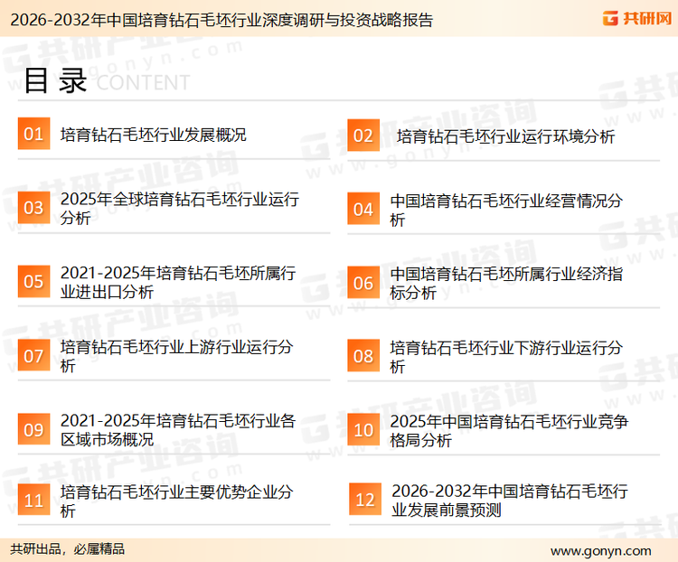 为确保培育钻石毛坯行业数据精准性以及内容的可参考价值，共研产业研究院团队通过上市公司年报、厂家调研、经销商座谈、专家验证等多渠道开展数据采集工作，并运用共研自主建立的产业分析模型，结合市场、行业和厂商进行深度剖析，能够反映当前市场现状、热点、动态及未来趋势，使从业者能够从多种维度、多个侧面综合了解当前培育钻石毛坯行业的发展态势。