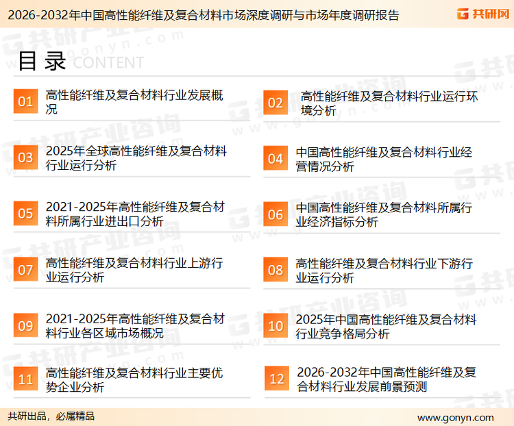 为确保高性能纤维及复合材料行业数据精准性以及内容的可参考价值，共研产业研究院团队通过上市公司年报、厂家调研、经销商座谈、专家验证等多渠道开展数据采集工作，并运用共研自主建立的产业分析模型，结合市场、行业和厂商进行深度剖析，能够反映当前市场现状、热点、动态及未来趋势，使从业者能够从多种维度、多个侧面综合了解当前高性能纤维及复合材料行业的发展态势。