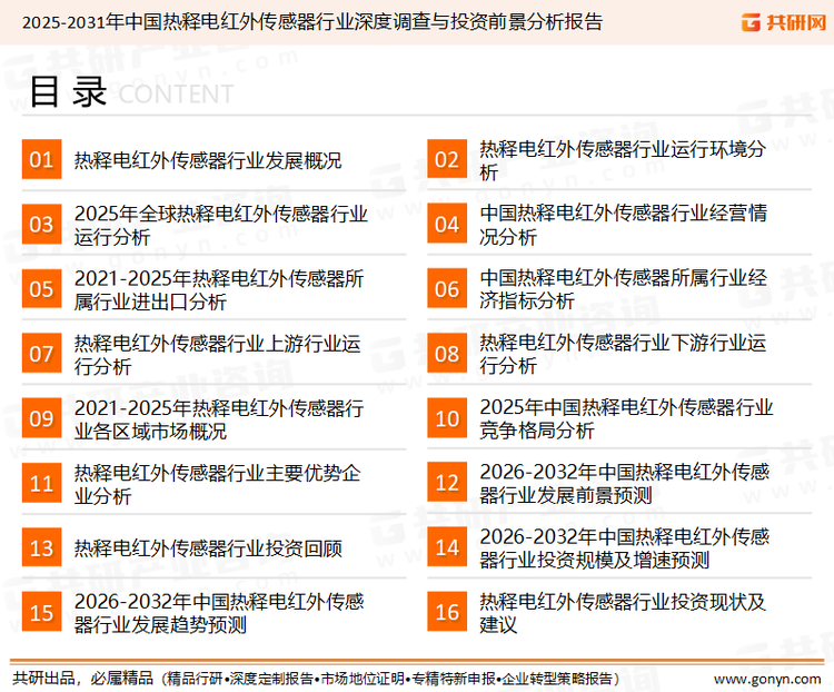 为确保热释电红外传感器行业数据精准性以及内容的可参考价值，共研产业研究院团队通过上市公司年报、厂家调研、经销商座谈、专家验证等多渠道开展数据采集工作，并运用共研自主建立的产业分析模型，结合市场、行业和厂商进行深度剖析，能够反映当前市场现状、热点、动态及未来趋势，使从业者能够从多种维度、多个侧面综合了解当前热释电红外传感器行业的发展态势。