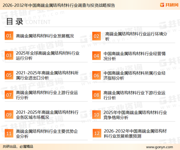 为确保高端金属结构材料行业数据精准性以及内容的可参考价值，共研产业研究院团队通过上市公司年报、厂家调研、经销商座谈、专家验证等多渠道开展数据采集工作，并运用共研自主建立的产业分析模型，结合市场、行业和厂商进行深度剖析，能够反映当前市场现状、热点、动态及未来趋势，使从业者能够从多种维度、多个侧面综合了解当前高端金属结构材料行业的发展态势。