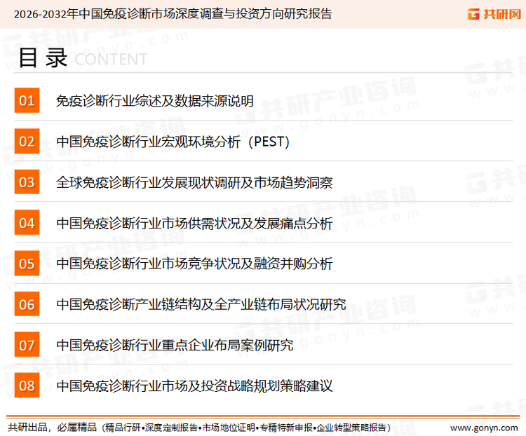 为确保免疫诊断行业数据精准性以及内容的可参考价值，共研产业研究院团队通过上市公司年报、厂家调研、经销商座谈、专家验证等多渠道开展数据采集工作，并运用共研自主建立的产业分析模型，结合市场、行业和厂商进行深度剖析，能够反映当前市场现状、热点、动态及未来趋势，使从业者能够从多种维度、多个侧面综合了解当前免疫诊断行业的发展态势。