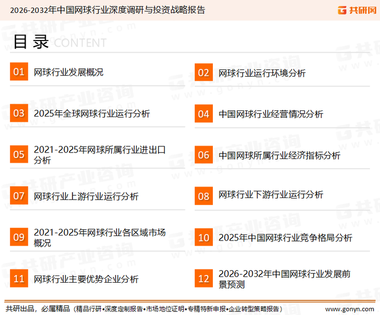 为确保网球行业数据精准性以及内容的可参考价值，共研产业研究院团队通过上市公司年报、厂家调研、经销商座谈、专家验证等多渠道开展数据采集工作，并运用共研自主建立的产业分析模型，结合市场、行业和厂商进行深度剖析，能够反映当前市场现状、热点、动态及未来趋势，使从业者能够从多种维度、多个侧面综合了解当前网球行业的发展态势。