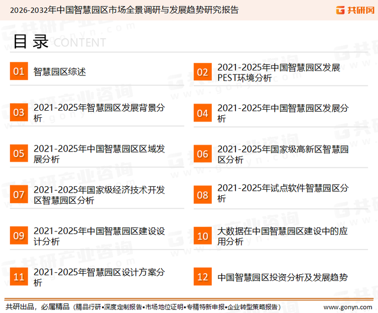为确保智慧园区行业数据精准性以及内容的可参考价值，共研产业研究院团队通过上市公司年报、厂家调研、经销商座谈、专家验证等多渠道开展数据采集工作，并运用共研自主建立的产业分析模型，结合市场、行业和厂商进行深度剖析，能够反映当前市场现状、热点、动态及未来趋势，使从业者能够从多种维度、多个侧面综合了解当前智慧园区行业的发展态势。