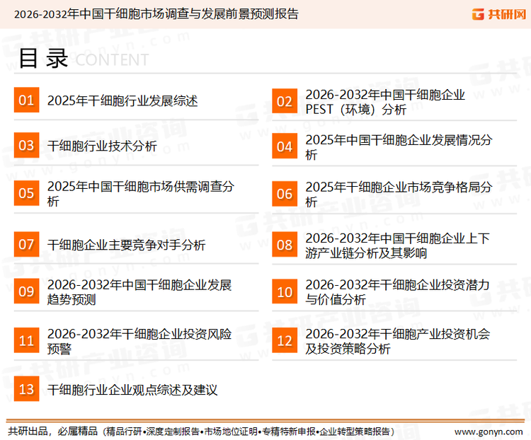 为确保干细胞行业数据精准性以及内容的可参考价值，共研产业研究院团队通过上市公司年报、厂家调研、经销商座谈、专家验证等多渠道开展数据采集工作，并运用共研自主建立的产业分析模型，结合市场、行业和厂商进行深度剖析，能够反映当前市场现状、热点、动态及未来趋势，使从业者能够从多种维度、多个侧面综合了解当前干细胞行业的发展态势。