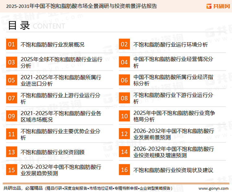 为确保不饱和脂肪酸行业数据精准性以及内容的可参考价值，共研产业研究院团队通过上市公司年报、厂家调研、经销商座谈、专家验证等多渠道开展数据采集工作，并运用共研自主建立的产业分析模型，结合市场、行业和厂商进行深度剖析，能够反映当前市场现状、热点、动态及未来趋势，使从业者能够从多种维度、多个侧面综合了解当前不饱和脂肪酸行业的发展态势。