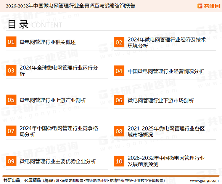 为确保微电网管理行业数据精准性以及内容的可参考价值，共研产业研究院团队通过上市公司年报、厂家调研、经销商座谈、专家验证等多渠道开展数据采集工作，并运用共研自主建立的产业分析模型，结合市场、行业和厂商进行深度剖析，能够反映当前市场现状、热点、动态及未来趋势，使从业者能够从多种维度、多个侧面综合了解当前微电网管理行业的发展态势。
