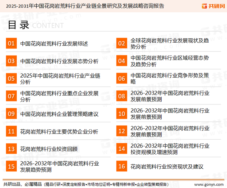 为确保花岗岩荒料行业数据精准性以及内容的可参考价值，共研产业研究院团队通过上市公司年报、厂家调研、经销商座谈、专家验证等多渠道开展数据采集工作，并运用共研自主建立的产业分析模型，结合市场、行业和厂商进行深度剖析，能够反映当前市场现状、热点、动态及未来趋势，使从业者能够从多种维度、多个侧面综合了解当前花岗岩荒料行业的发展态势。