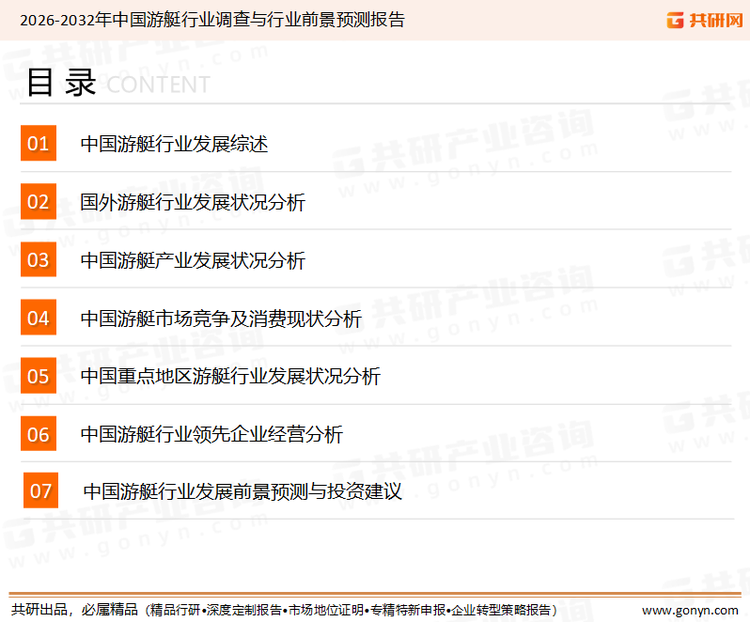 为确保游艇行业数据精准性以及内容的可参考价值，共研产业研究院团队通过上市公司年报、厂家调研、经销商座谈、专家验证等多渠道开展数据采集工作，并运用共研自主建立的产业分析模型，结合市场、行业和厂商进行深度剖析，能够反映当前市场现状、热点、动态及未来趋势，使从业者能够从多种维度、多个侧面综合了解当前游艇行业的发展态势。