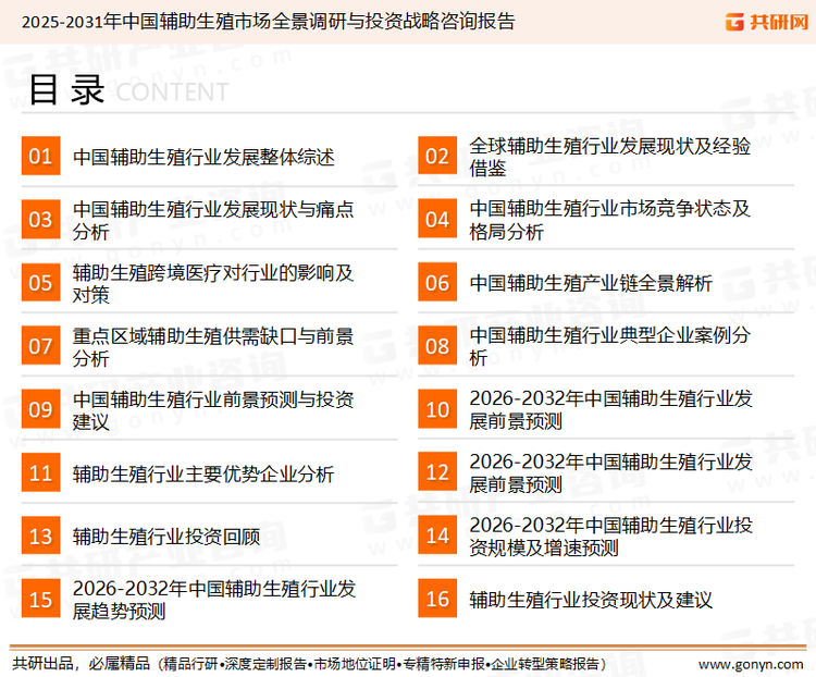 为确保辅助生殖行业数据精准性以及内容的可参考价值，共研产业研究院团队通过上市公司年报、厂家调研、经销商座谈、专家验证等多渠道开展数据采集工作，并运用共研自主建立的产业分析模型，结合市场、行业和厂商进行深度剖析，能够反映当前市场现状、热点、动态及未来趋势，使从业者能够从多种维度、多个侧面综合了解当前辅助生殖行业的发展态势。