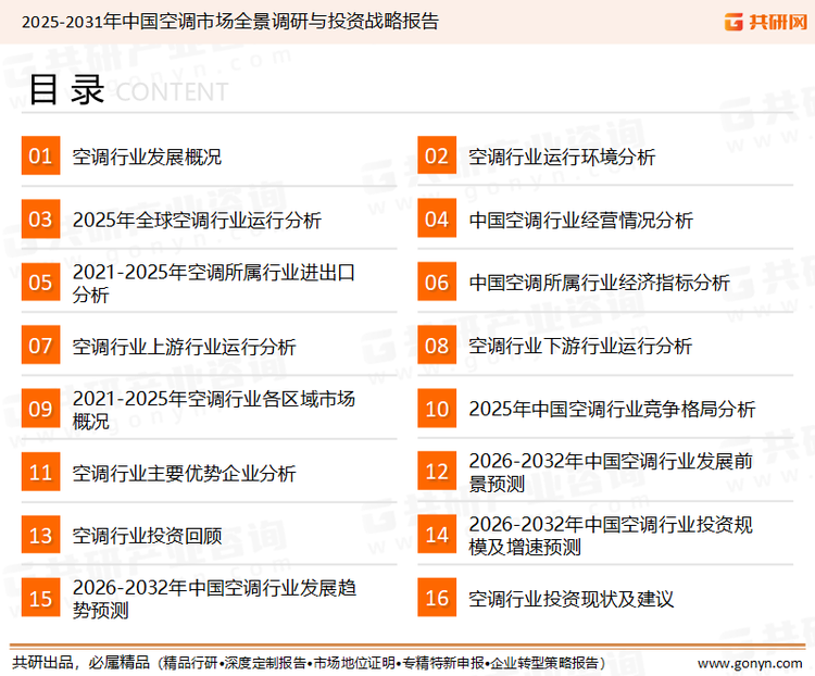 为确保空调行业数据精准性以及内容的可参考价值，共研产业研究院团队通过上市公司年报、厂家调研、经销商座谈、专家验证等多渠道开展数据采集工作，并运用共研自主建立的产业分析模型，结合市场、行业和厂商进行深度剖析，能够反映当前市场现状、热点、动态及未来趋势，使从业者能够从多种维度、多个侧面综合了解当前空调行业的发展态势。