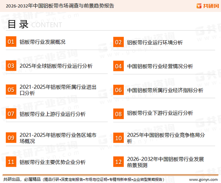 为确保铝板带行业数据精准性以及内容的可参考价值，共研产业研究院团队通过上市公司年报、厂家调研、经销商座谈、专家验证等多渠道开展数据采集工作，并运用共研自主建立的产业分析模型，结合市场、行业和厂商进行深度剖析，能够反映当前市场现状、热点、动态及未来趋势，使从业者能够从多种维度、多个侧面综合了解当前铝板带行业的发展态势。