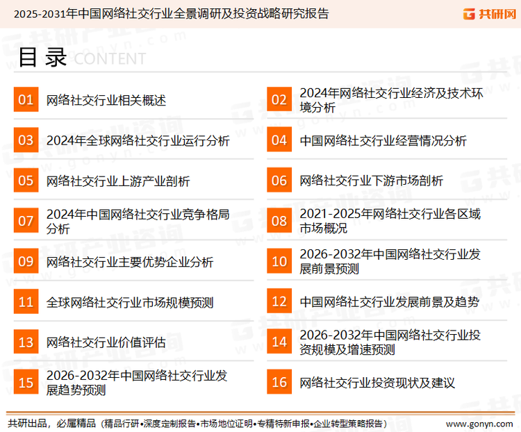 为确保网络社交行业数据精准性以及内容的可参考价值，共研产业研究院团队通过上市公司年报、厂家调研、经销商座谈、专家验证等多渠道开展数据采集工作，并运用共研自主建立的产业分析模型，结合市场、行业和厂商进行深度剖析，能够反映当前市场现状、热点、动态及未来趋势，使从业者能够从多种维度、多个侧面综合了解当前网络社交行业的发展态势。