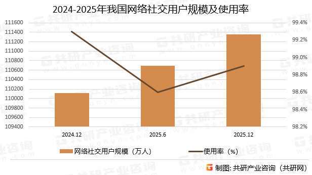 2024-2025年我国网络社交用户规模及使用率